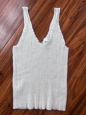 Leith Accordian Knit Linen Blend V-Neck Tank Top Cream L